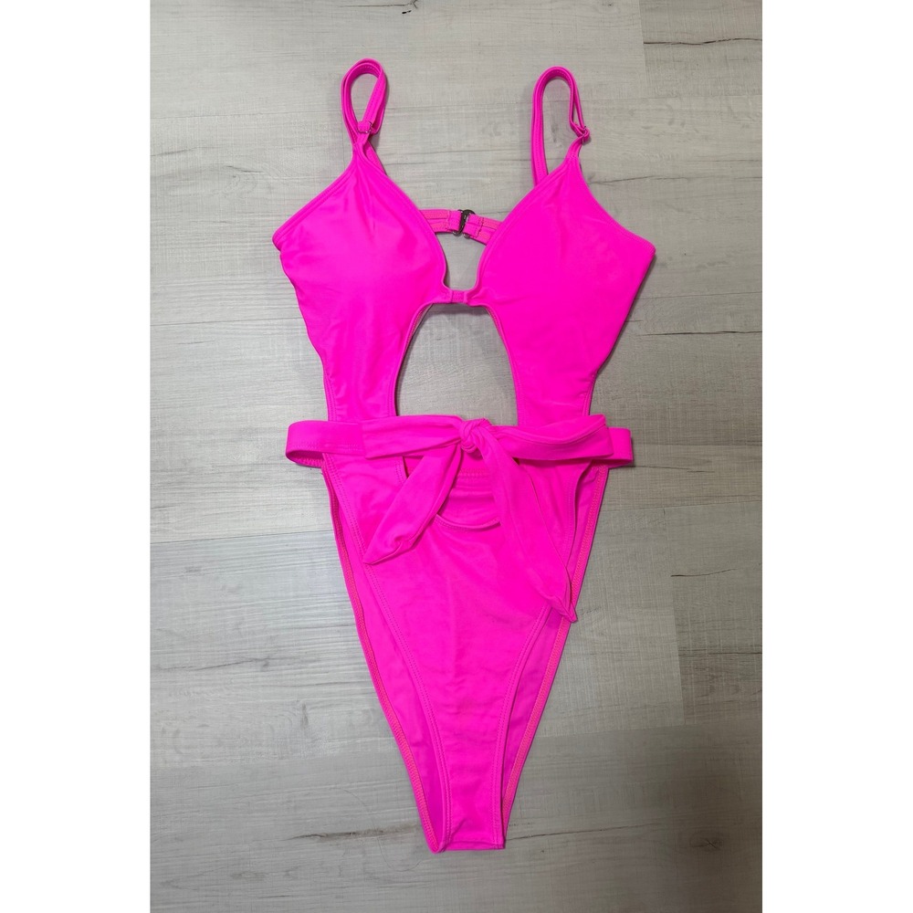 Neon Pink Cutout One Piece Swimsuit High Cut Tie Waist Womens Small
